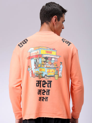 Men's Coral Relaxed Fit Placement Printed Crewneck Sweatshirt