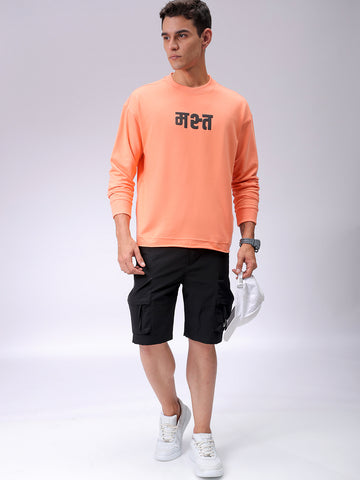 Men's Coral Relaxed Fit Placement Printed Crewneck Sweatshirt