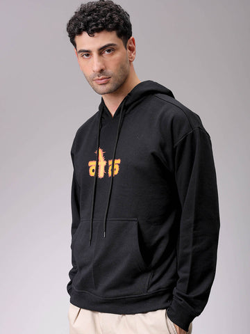 Men's Black Oversized Placement Printed Overhead-Hooded Sweatshirt