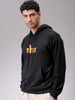 Men's Black Oversized Placement Printed Overhead-Hooded Sweatshirt