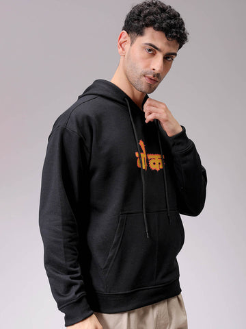 Men's Black Oversized Placement Printed Overhead-Hooded Sweatshirt