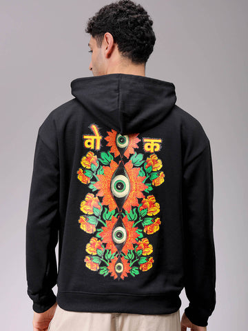 Men's Black Oversized Placement Printed Overhead-Hooded Sweatshirt