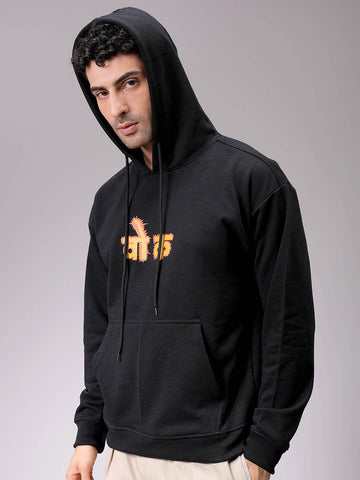Men's Black Oversized Placement Printed Overhead-Hooded Sweatshirt