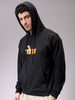 Men's Black Oversized Placement Printed Overhead-Hooded Sweatshirt