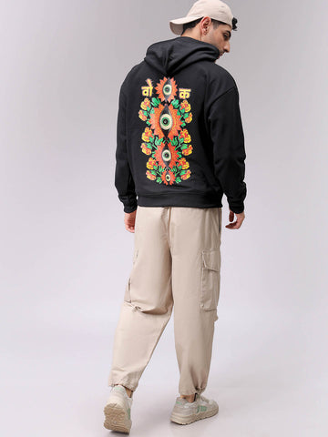 Men's Black Oversized Placement Printed Overhead-Hooded Sweatshirt