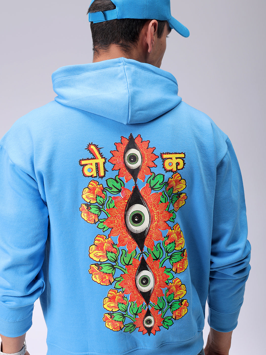 Men's Blue Oversized Back Printed Overhead-Hooded Sweatshirt