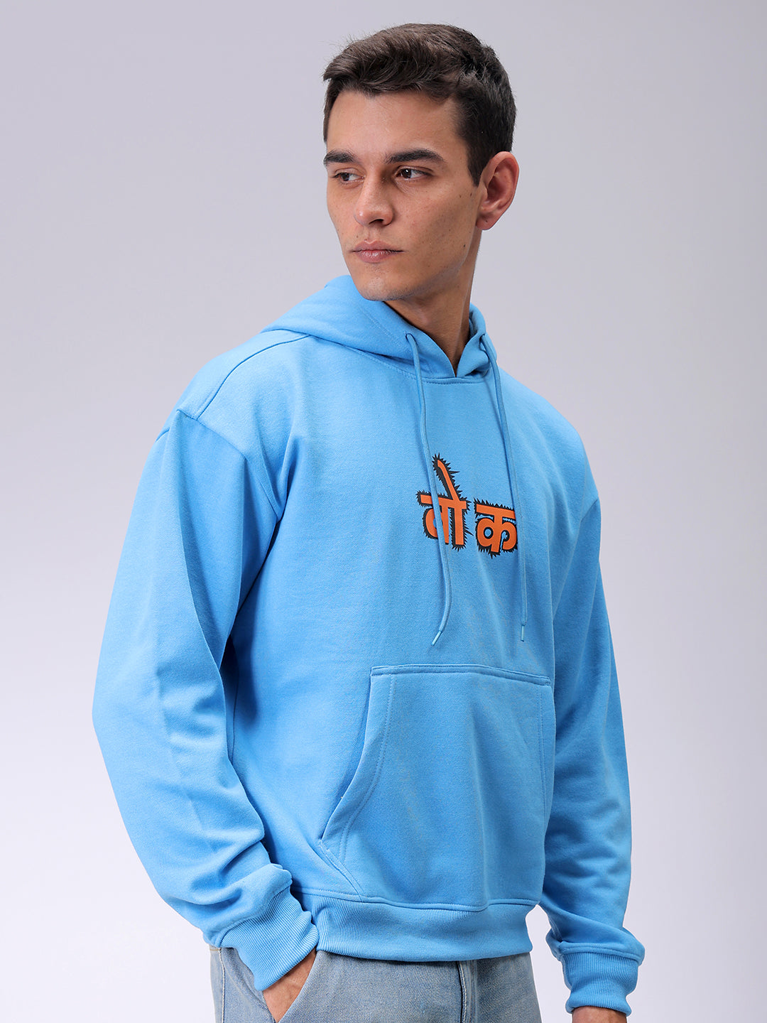 Men's Blue Oversized Back Printed Overhead-Hooded Sweatshirt