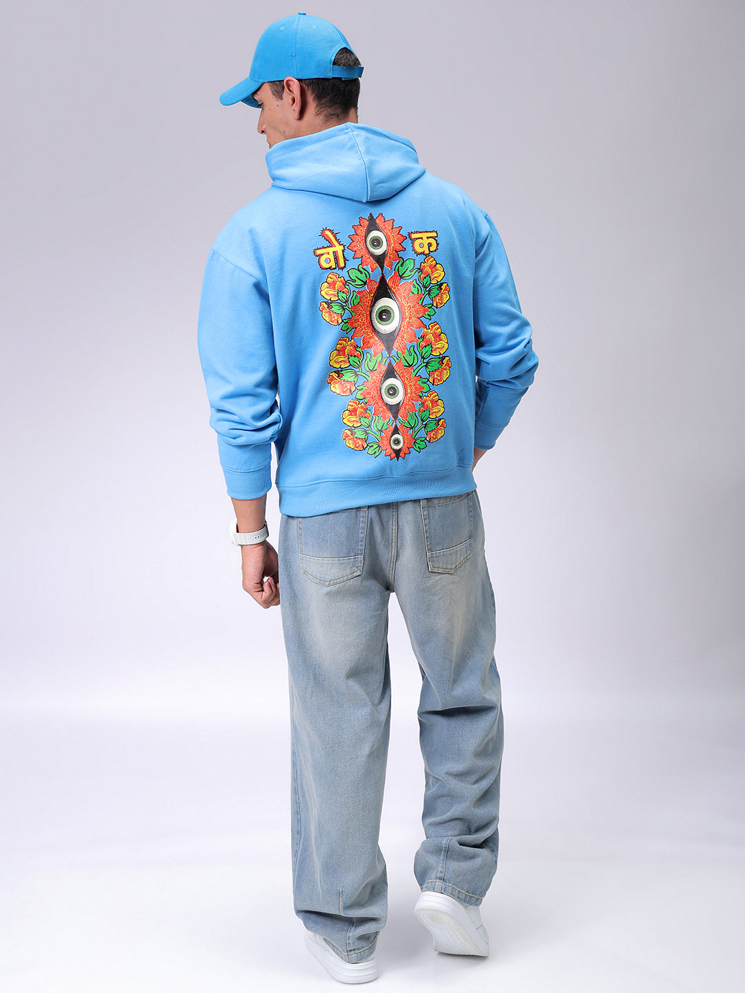 Men's Blue Oversized Back Printed Overhead-Hooded Sweatshirt