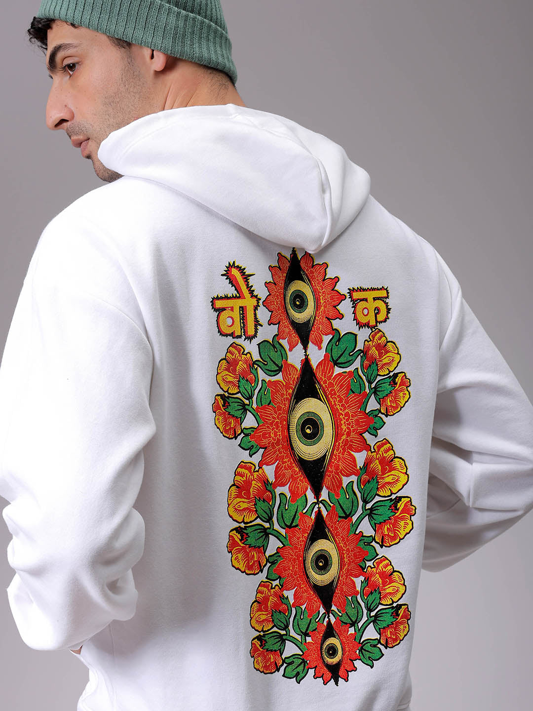 Men's White Oversized Back Printed Overhead-Hooded Sweatshirt