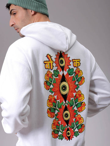 Men's White Oversized Back Printed Overhead-Hooded Sweatshirt