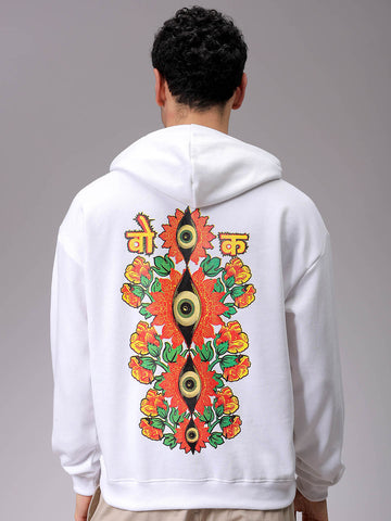 Men's White Oversized Back Printed Overhead-Hooded Sweatshirt