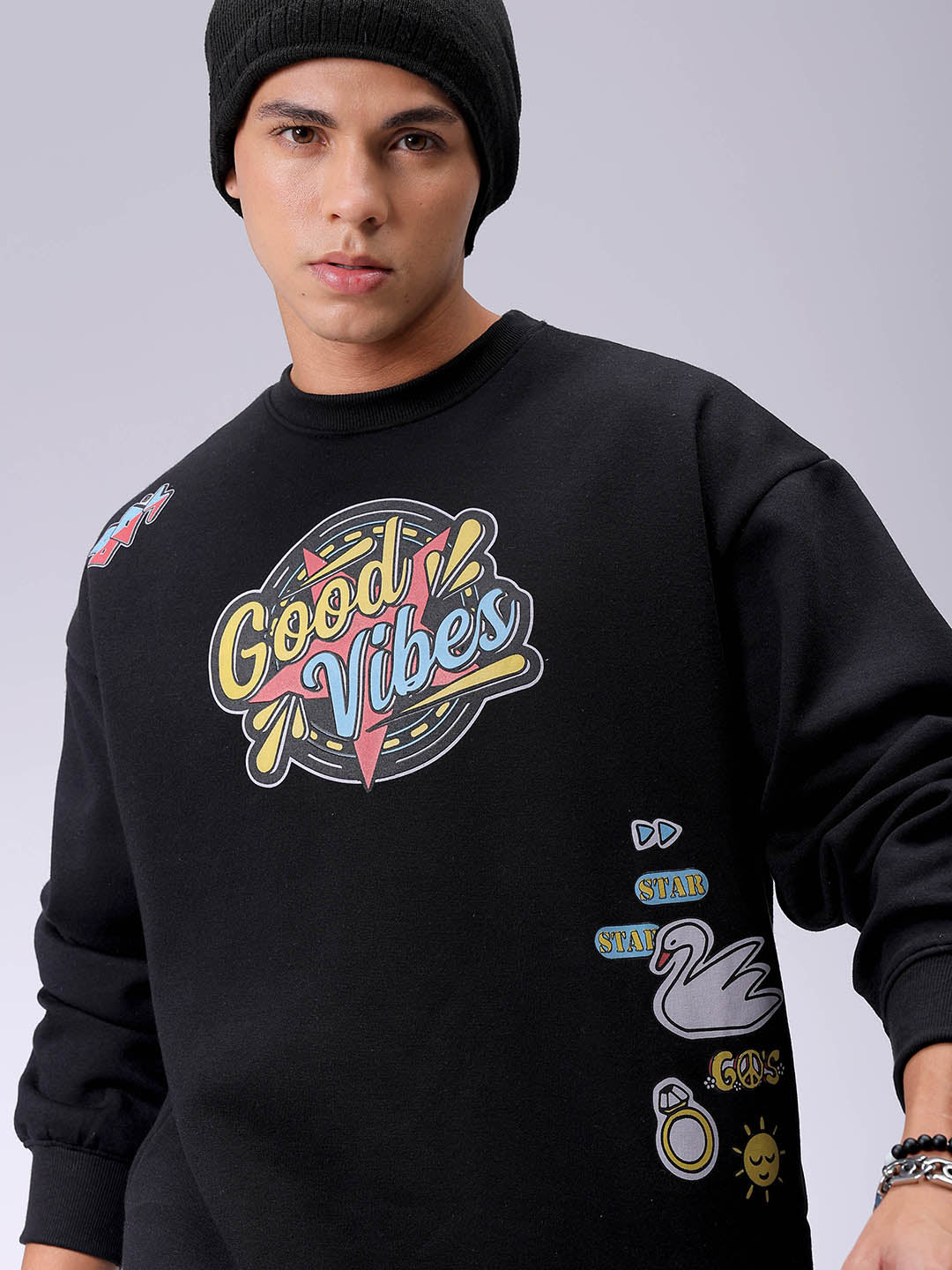 Men's Black Oversized Back Printed Overhead-Crewneck Sweatshirt