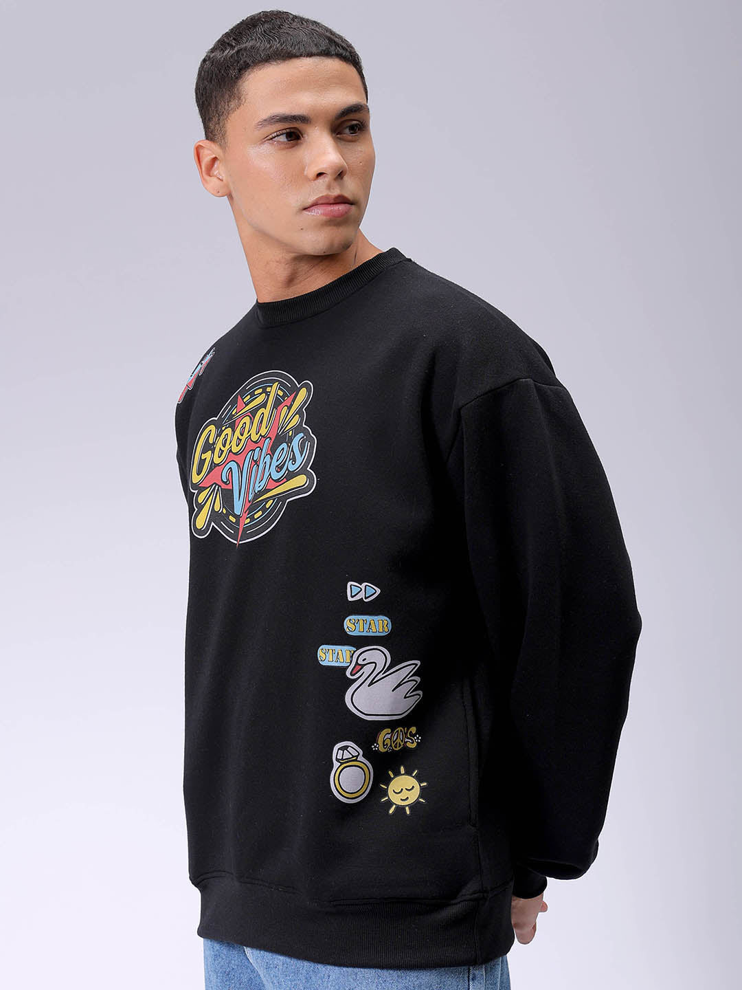 Men's Black Oversized Back Printed Overhead-Crewneck Sweatshirt