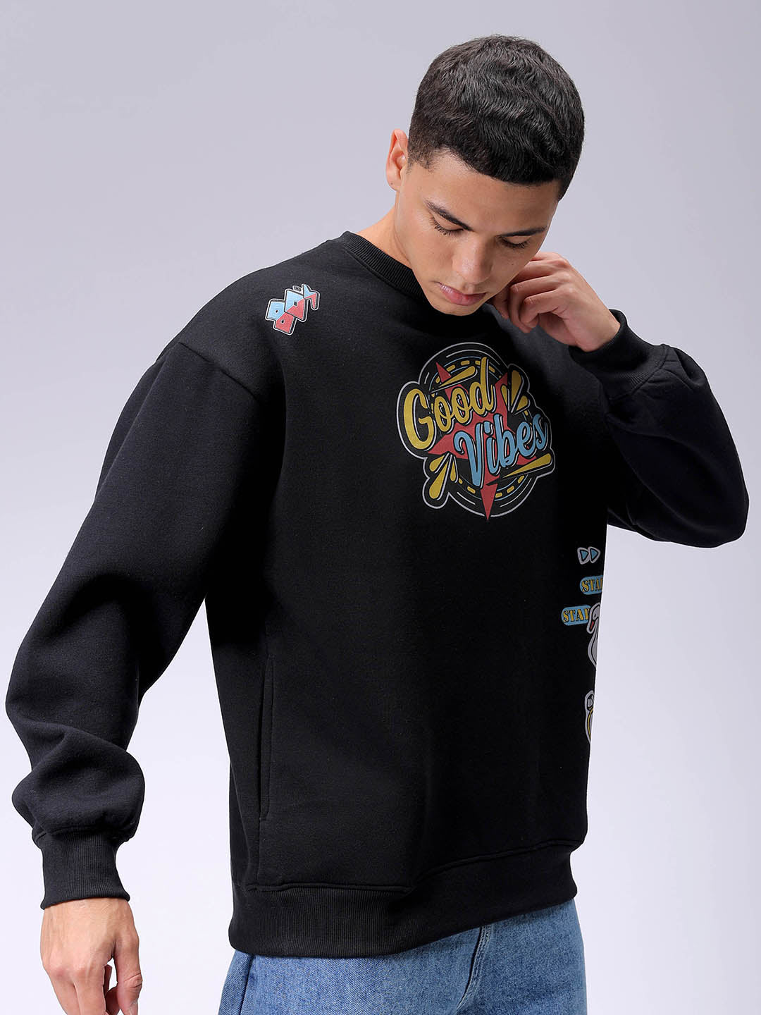 Men's Black Oversized Back Printed Overhead-Crewneck Sweatshirt