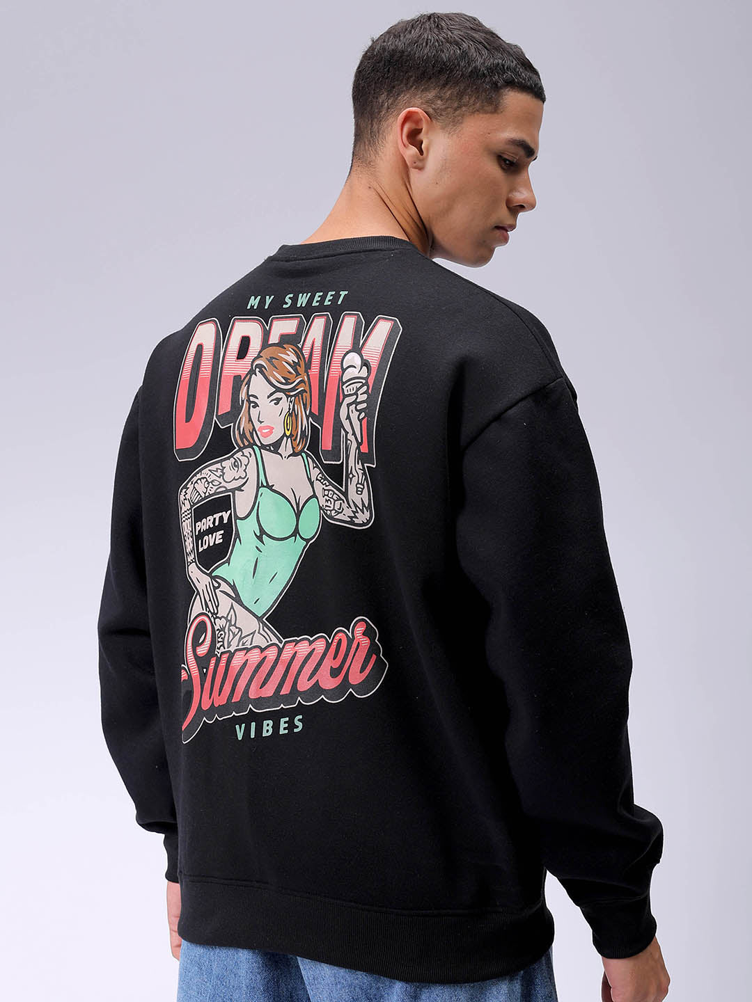 Men's Black Oversized Back Printed Overhead-Crewneck Sweatshirt