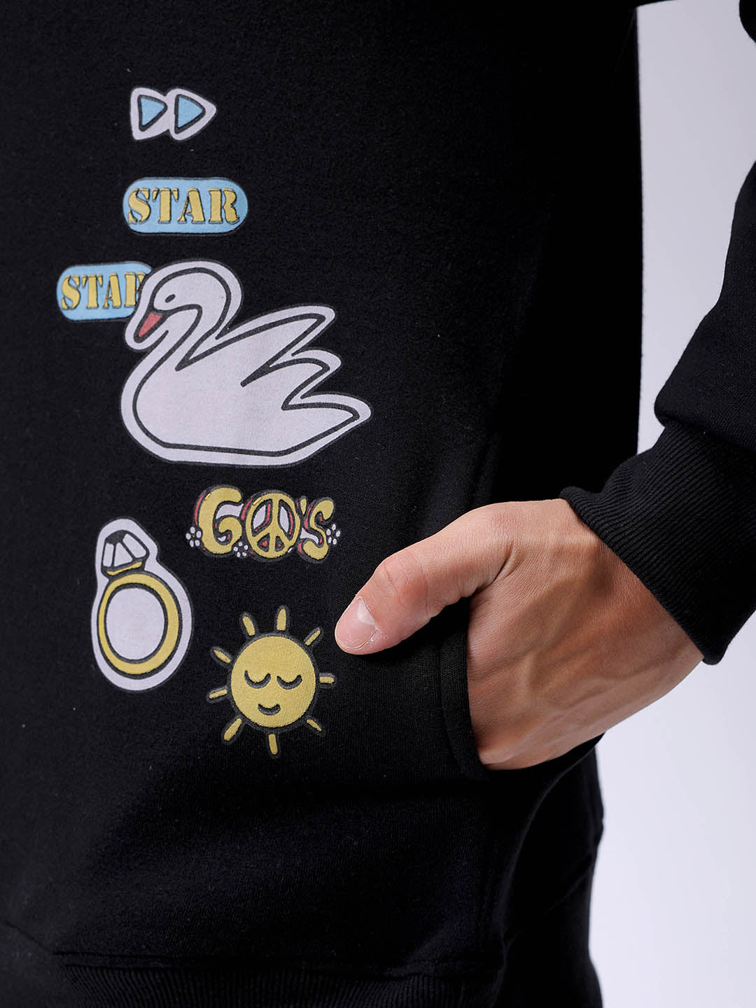 Men's Black Oversized Back Printed Overhead-Crewneck Sweatshirt