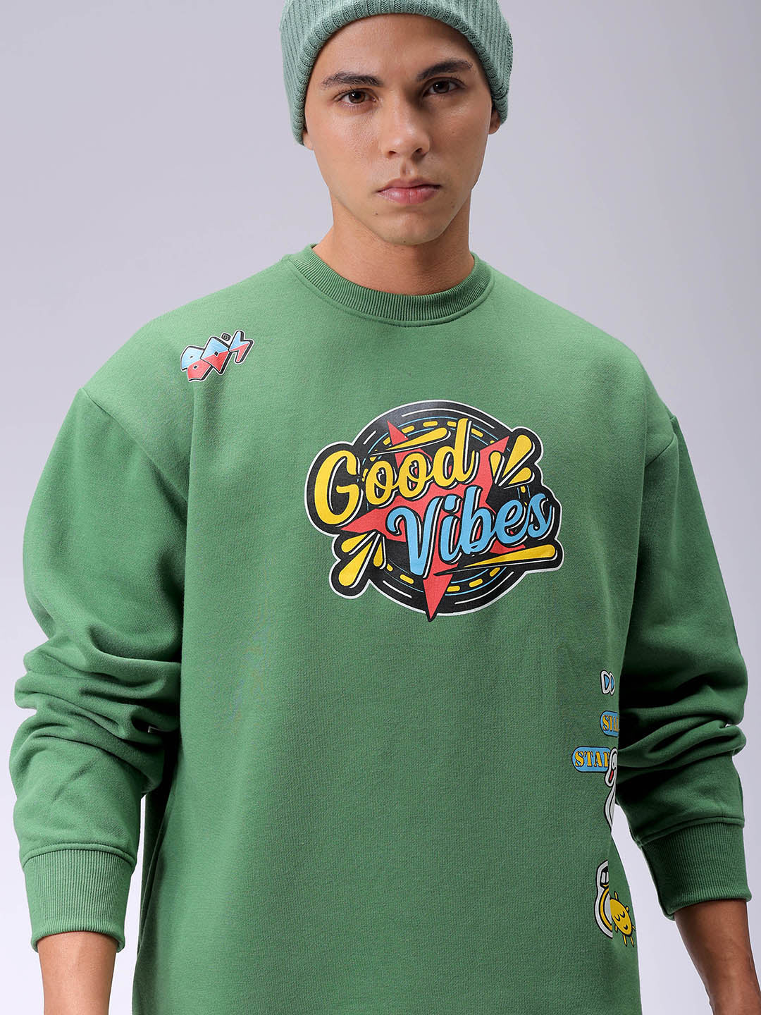 Men's Green Oversized Back Printed Overhead-Crewneck Sweatshirt