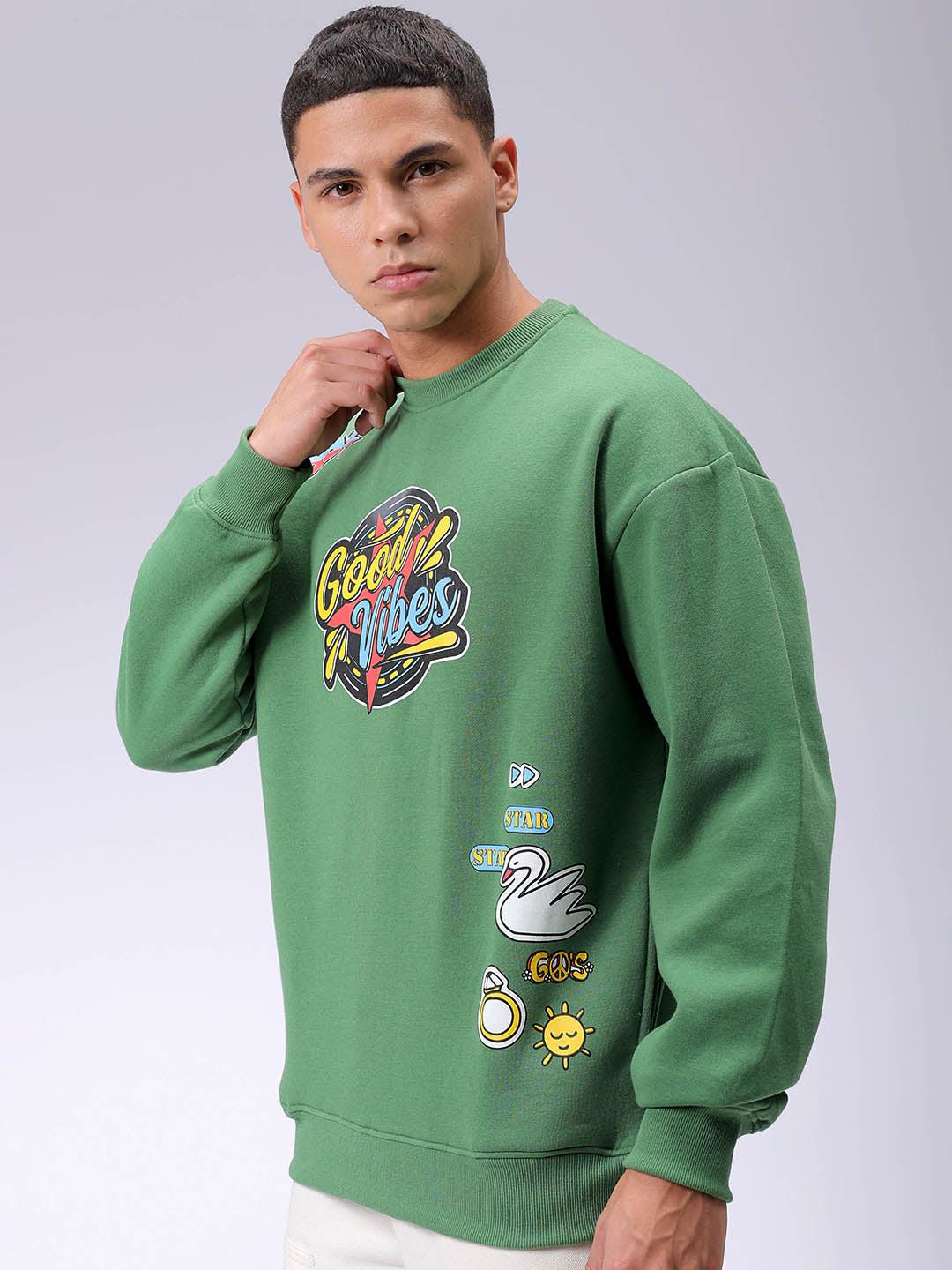 Men's Green Oversized Back Printed Overhead-Crewneck Sweatshirt