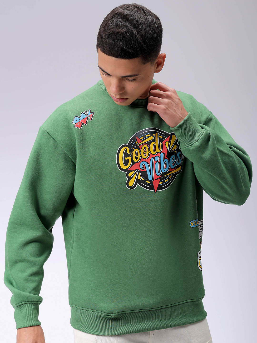 Men's Green Oversized Back Printed Overhead-Crewneck Sweatshirt
