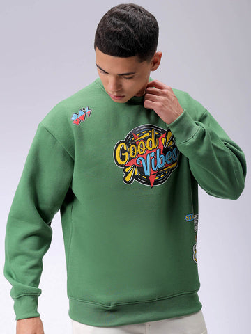 Men's Green Oversized Back Printed Overhead-Crewneck Sweatshirt