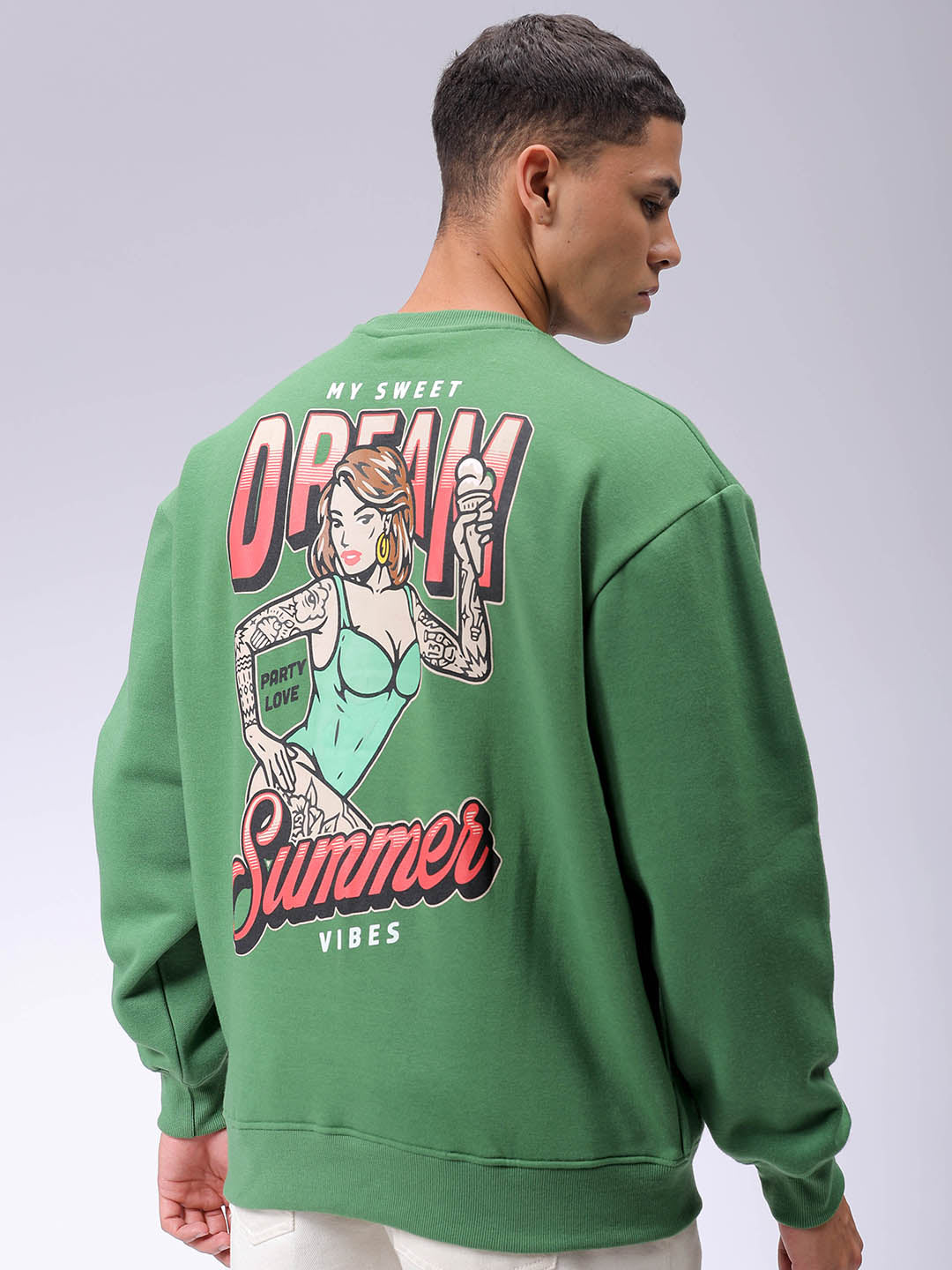 Men's Green Oversized Back Printed Overhead-Crewneck Sweatshirt