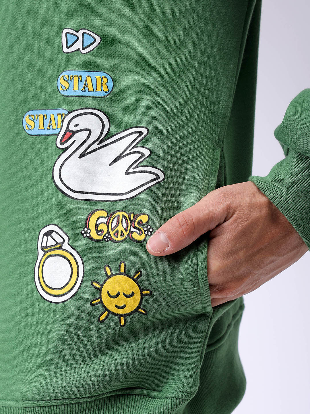 Men's Green Oversized Back Printed Overhead-Crewneck Sweatshirt