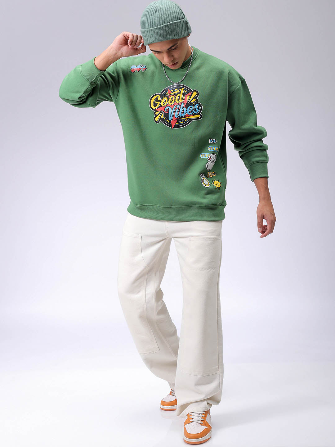 Men's Green Oversized Back Printed Overhead-Crewneck Sweatshirt