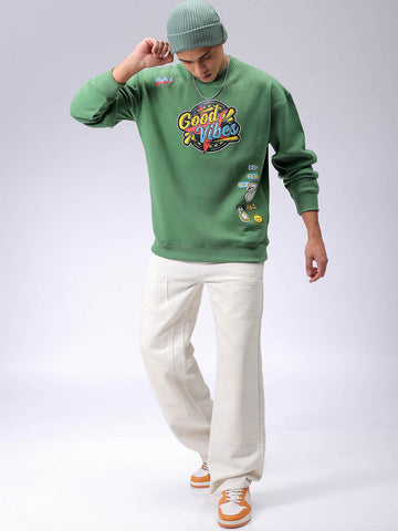 Men's Green Oversized Back Printed Overhead-Crewneck Sweatshirt