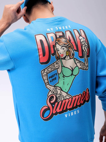 Men's Blue Oversized Back Printed Overhead-Crewneck Sweatshirt