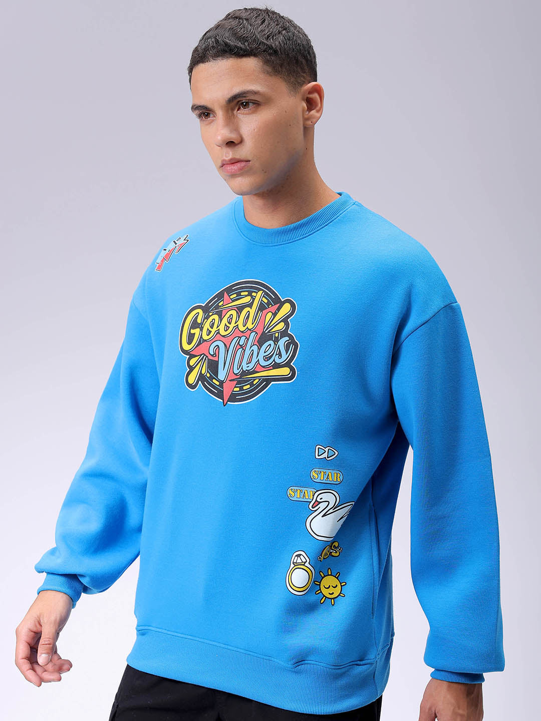 Men's Blue Oversized Back Printed Overhead-Crewneck Sweatshirt