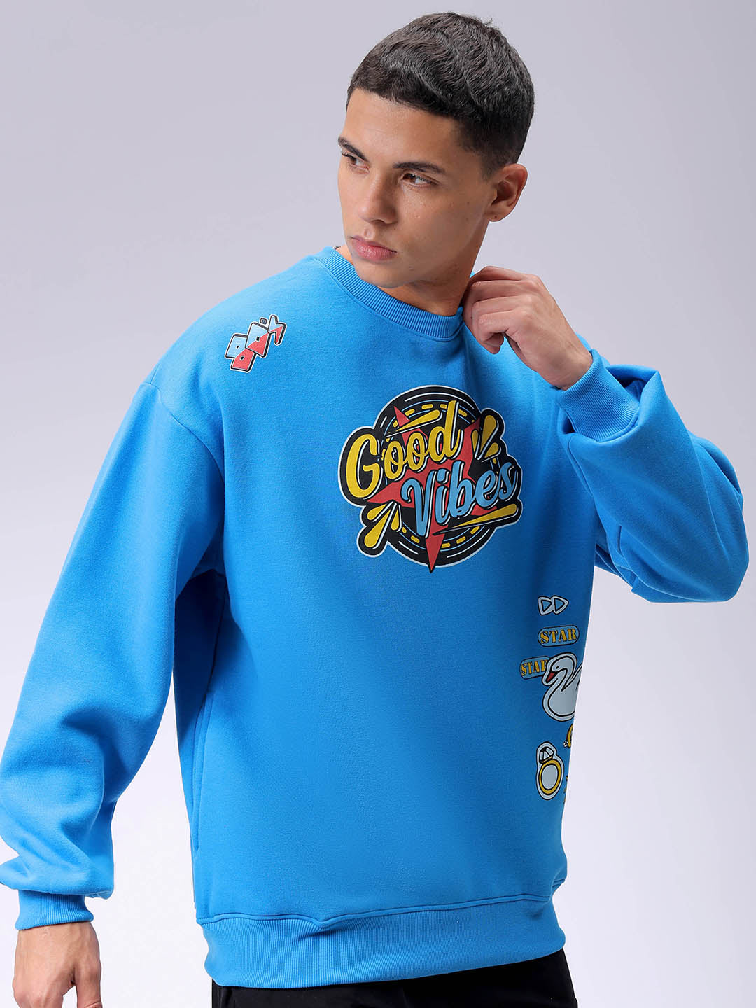 Men's Blue Oversized Back Printed Overhead-Crewneck Sweatshirt