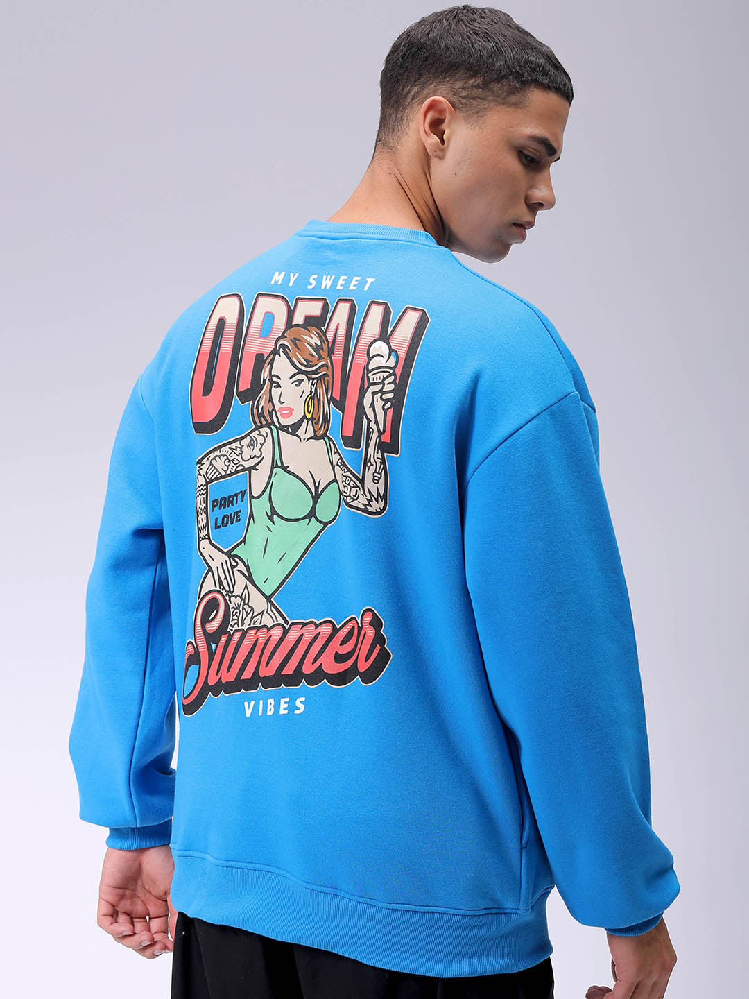 Men's Blue Oversized Back Printed Overhead-Crewneck Sweatshirt