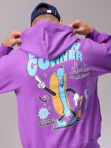 Men's Purple Relaxed Fit Placement Printed Overhead Hooded Sweatshirt