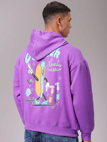 Men's Purple Relaxed Fit Placement Printed Overhead Hooded Sweatshirt