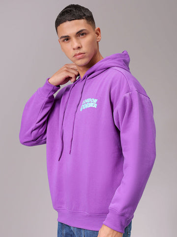 Men's Purple Relaxed Fit Placement Printed Overhead Hooded Sweatshirt
