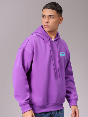 Men's Purple Relaxed Fit Placement Printed Overhead Hooded Sweatshirt