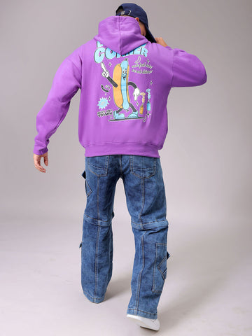 Men's Purple Relaxed Fit Placement Printed Overhead Hooded Sweatshirt