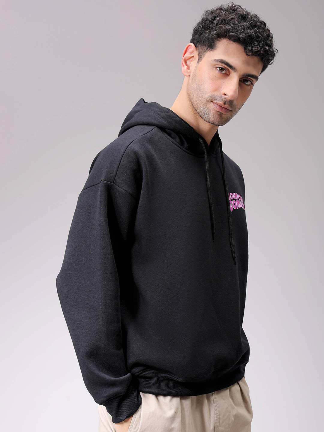 Men's Black Relaxed Fit Placement Printed Overhead-Hooded Sweatshirt