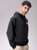 Men's Black Relaxed Fit Placement Printed Overhead-Hooded Sweatshirt