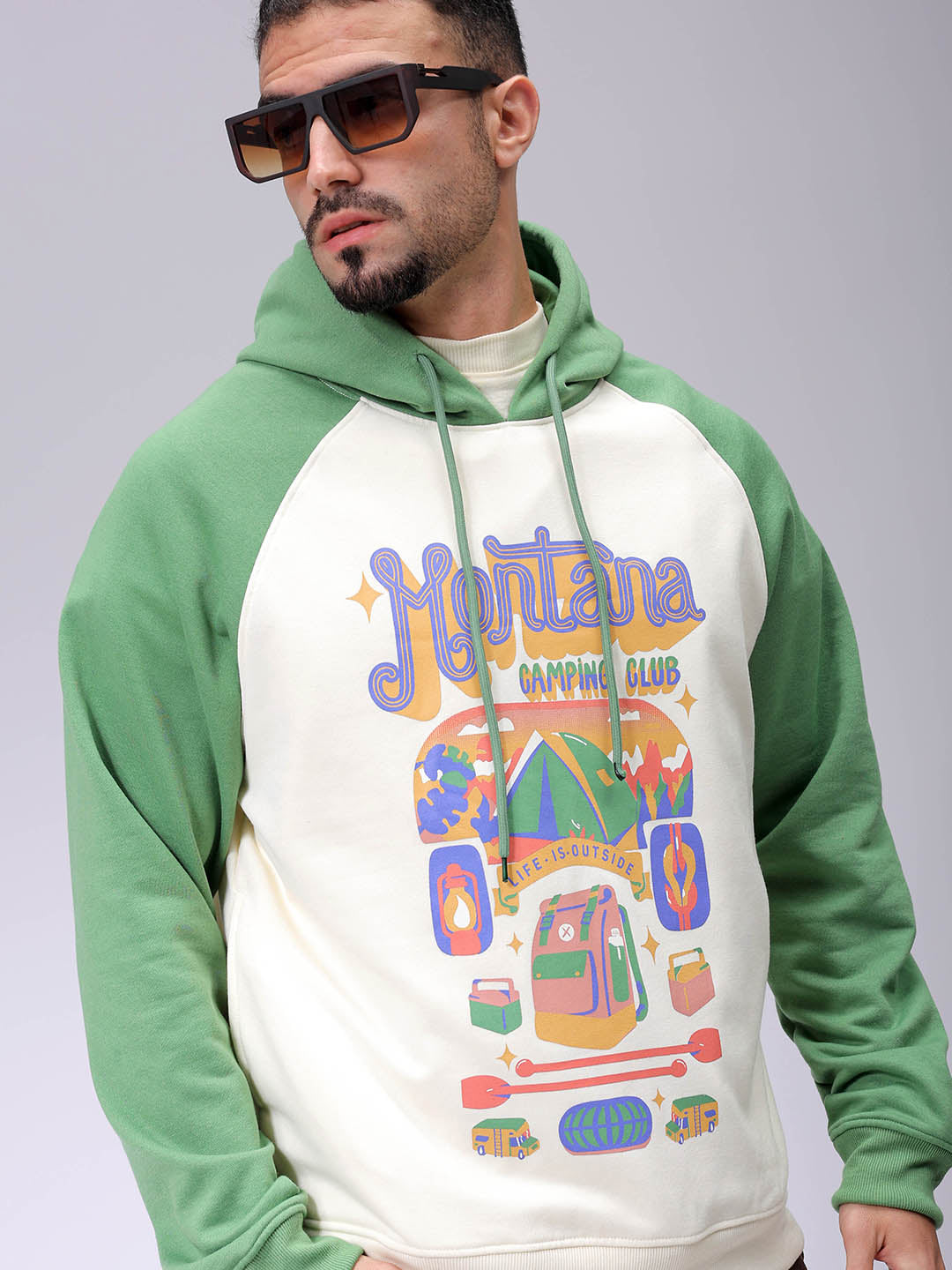 Men's Chalk Regular Fit Placement Printed Overhead-Hooded Sweatshirt