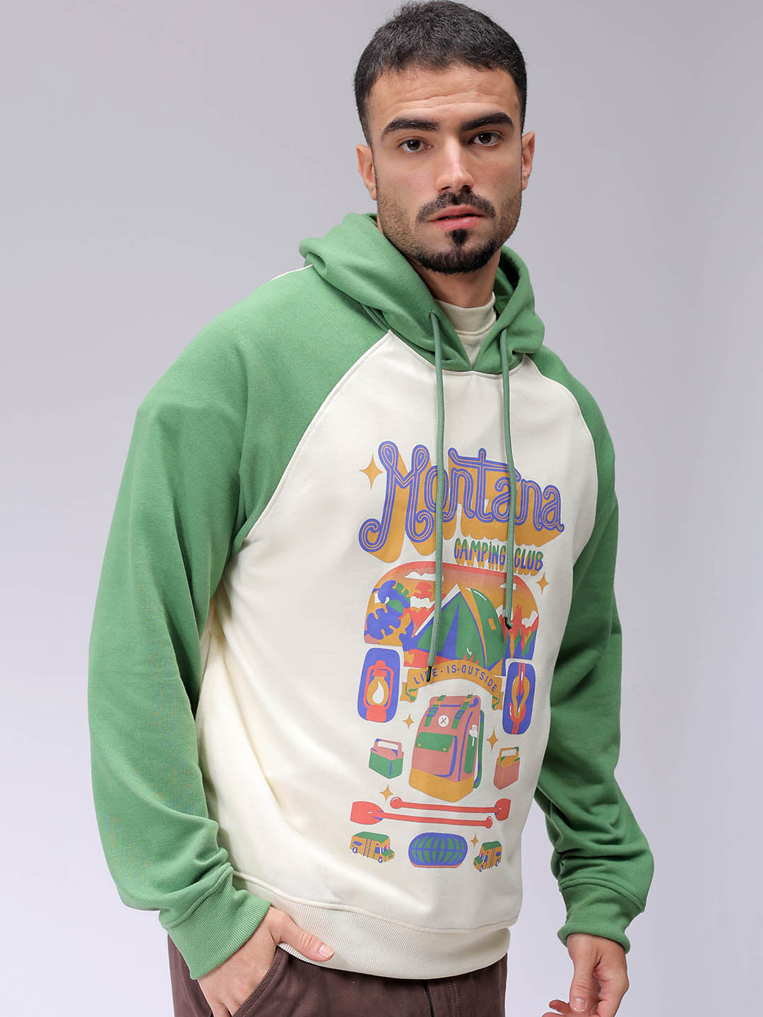 Men's Chalk Regular Fit Placement Printed Overhead-Hooded Sweatshirt