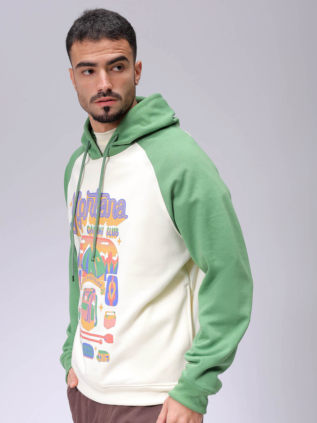 Men's Chalk Regular Fit Placement Printed Overhead-Hooded Sweatshirt