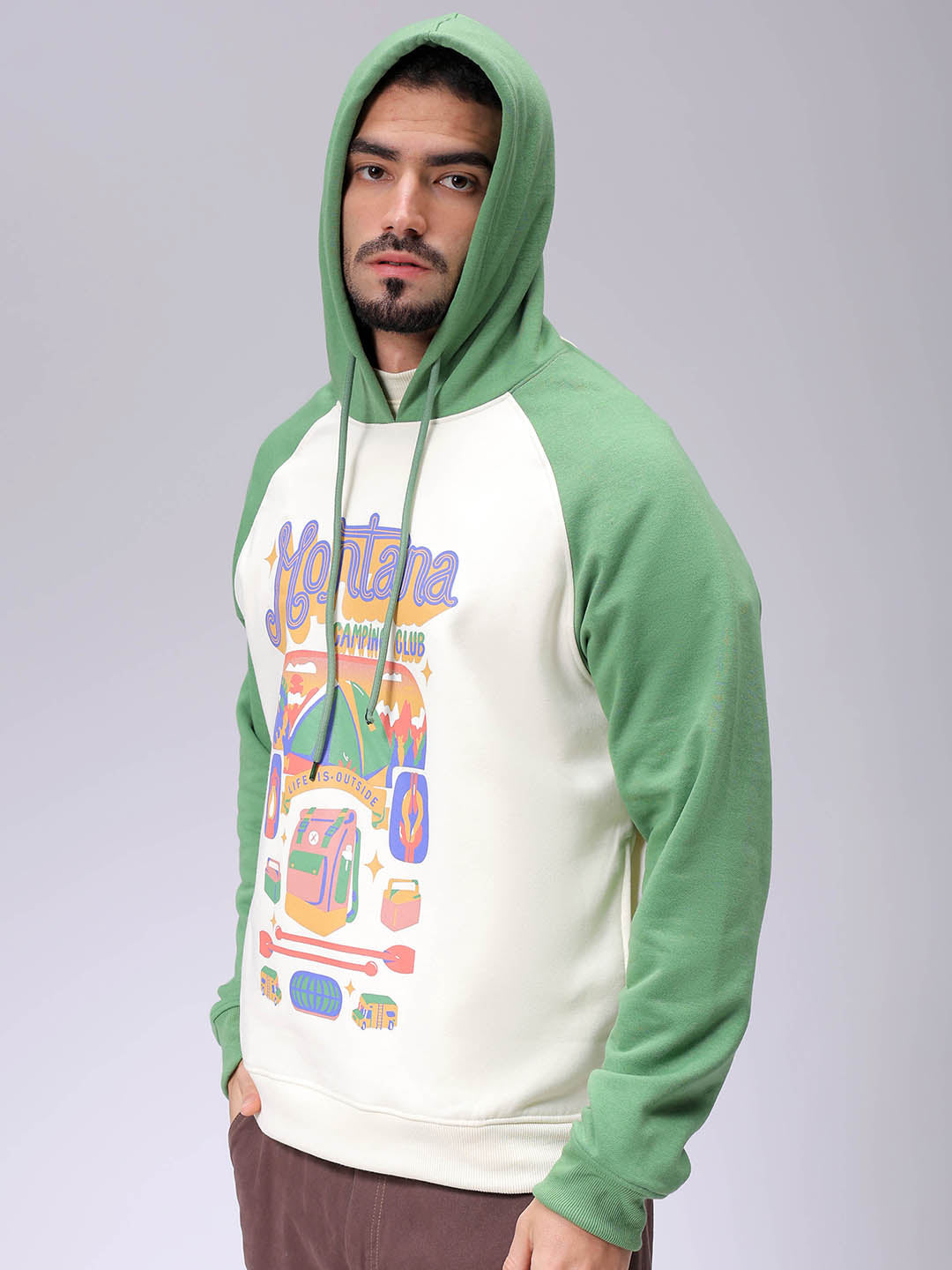 Men's Chalk Regular Fit Placement Printed Overhead-Hooded Sweatshirt