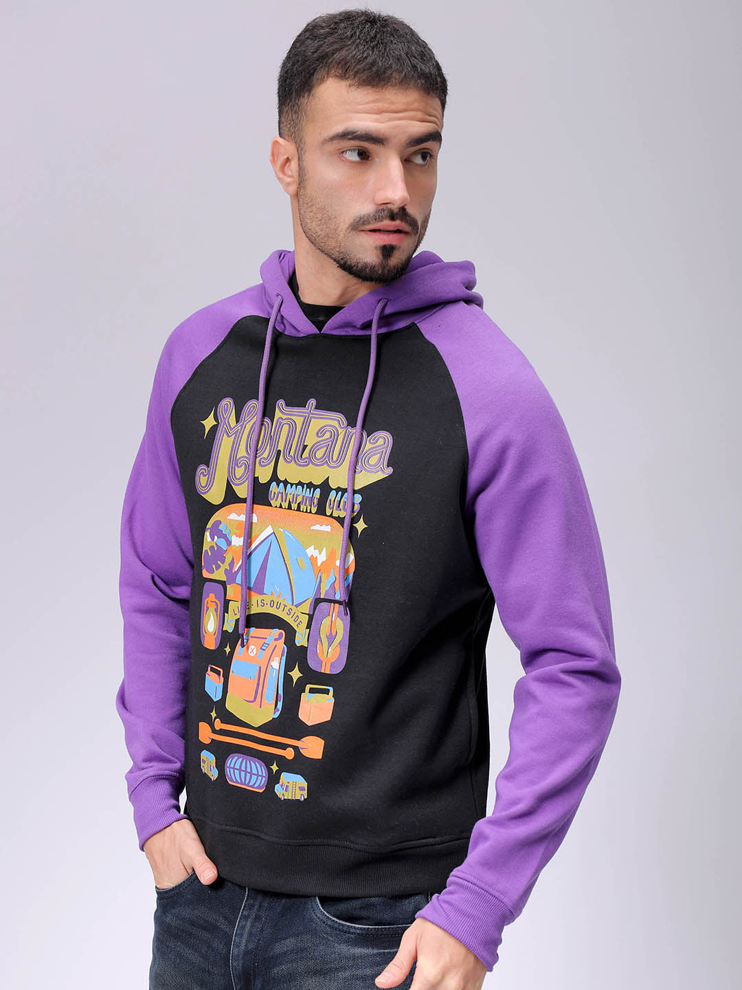 Men's Black Regular Fit Placement Printed Overhead-Hooded Sweatshirt