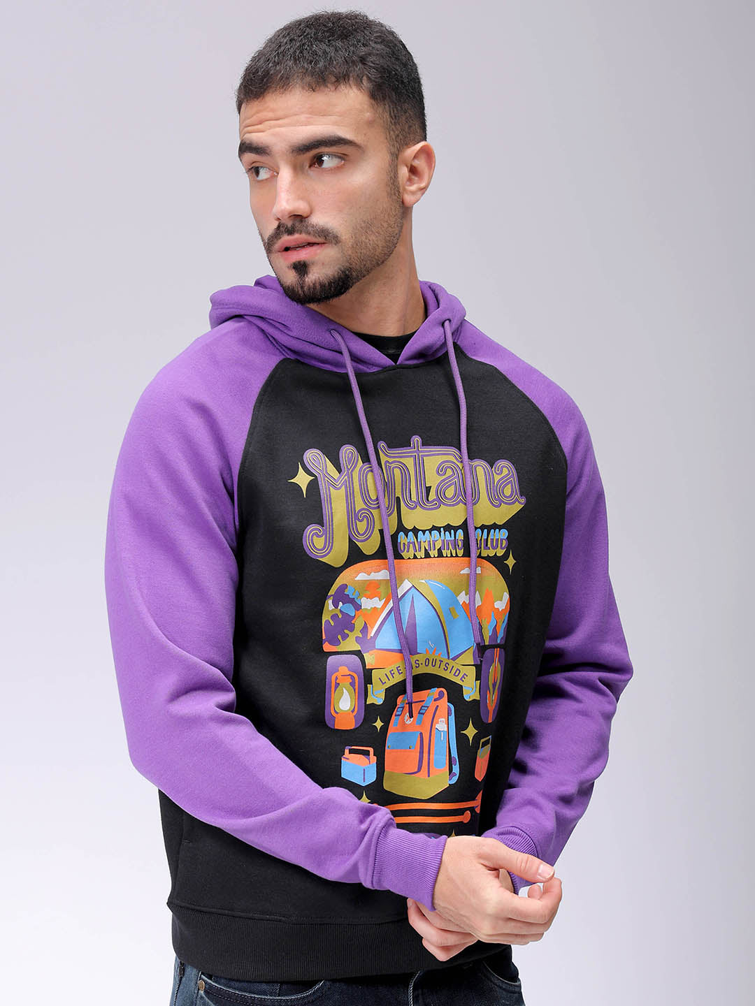 Men's Black Regular Fit Placement Printed Overhead-Hooded Sweatshirt