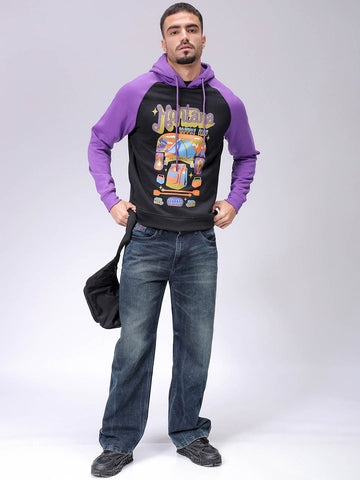 Men's Black Regular Fit Placement Printed Overhead-Hooded Sweatshirt