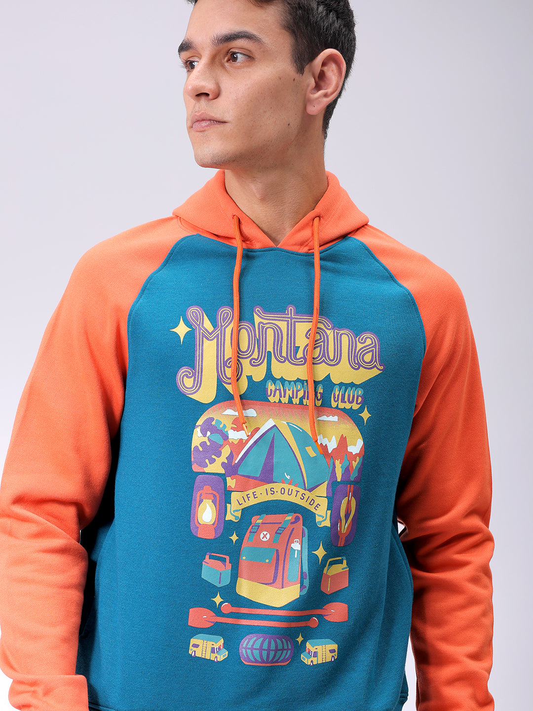 Men's Green Regular Fit Placement Printed Overhead-Hooded Sweatshirt