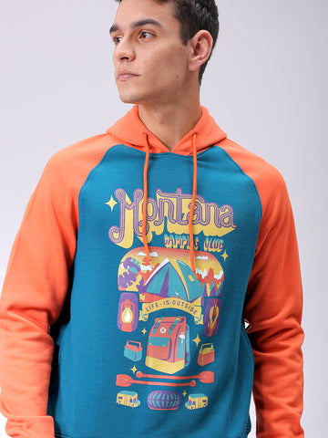 Men's Green Regular Fit Placement Printed Overhead-Hooded Sweatshirt