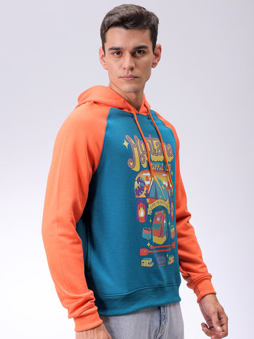 Men's Green Regular Fit Placement Printed Overhead-Hooded Sweatshirt