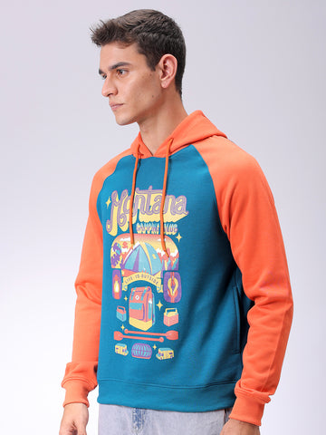 Men's Green Regular Fit Placement Printed Overhead-Hooded Sweatshirt